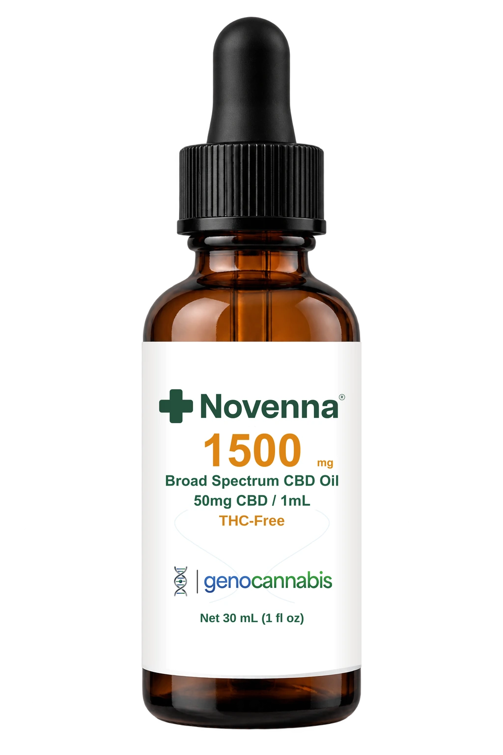 Imagen ilustrativa frontal del frasco ámbar Novenna Broad Spectrum 1500 mg con la etiqueta actual
